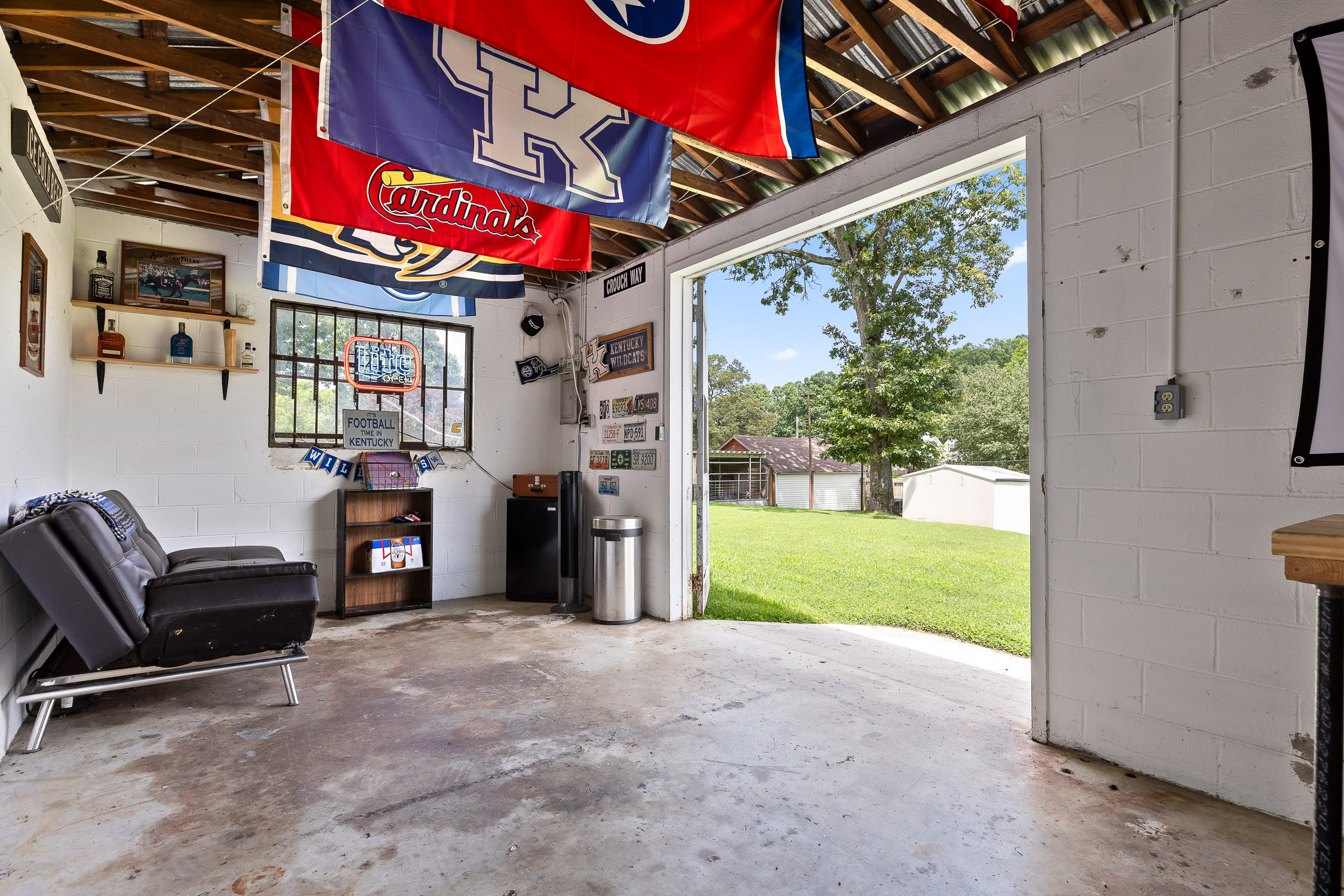 Workshop space with open garage door